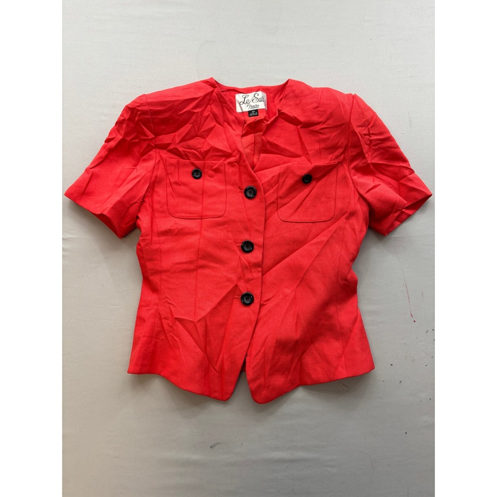 Le Suit Petite Red Short Sleeve Blazer Button Front Collarless Jacket Sz 4P